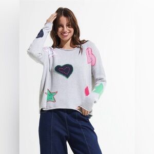 Zacket & Plover Women’s Cotton To The Moon Sweater Rolled Hemlines Appliqués XL?